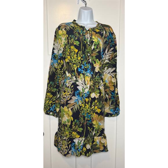 J. Crew Floral Silk Dress Size XL Ruffle Hem Long Sleeve 100% Silk - Picture 1 of 14